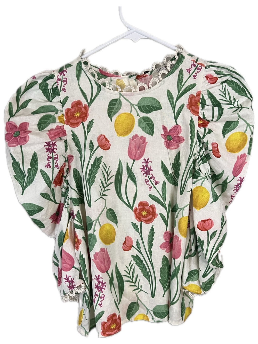Rachel Zoe Linen Blend Cottagecore  White Floral & Lemon Puff-Sleeve Top